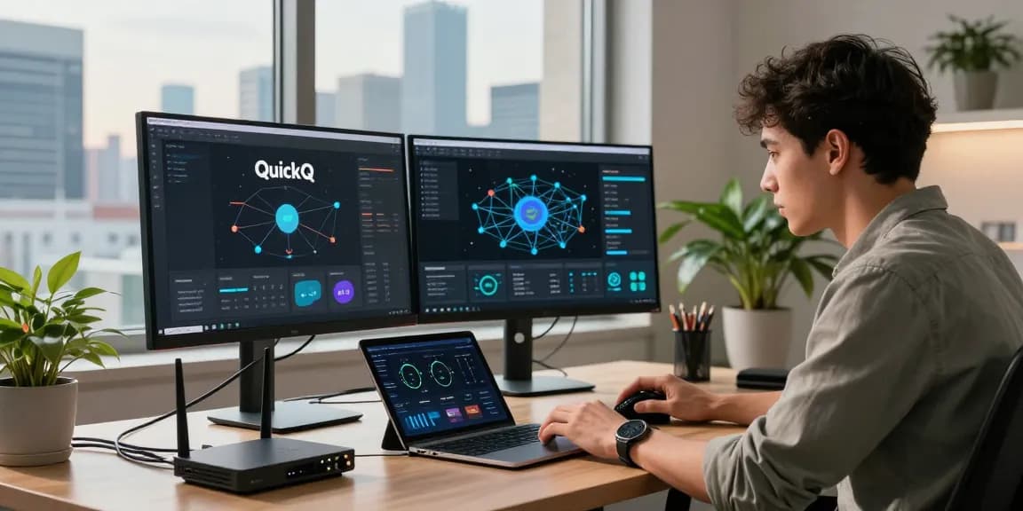 使用QuickQ优化网络连接的现代工作空间,显示高性能指标。